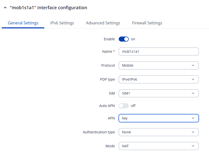 Teltonika router General settings showing Auto APN disabled and APN set to key
