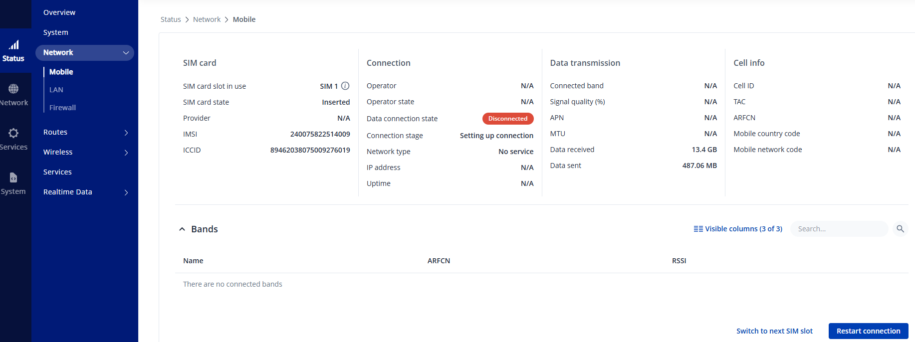 Teltonika router Status Network Mobile screen showing the Restart Connection button