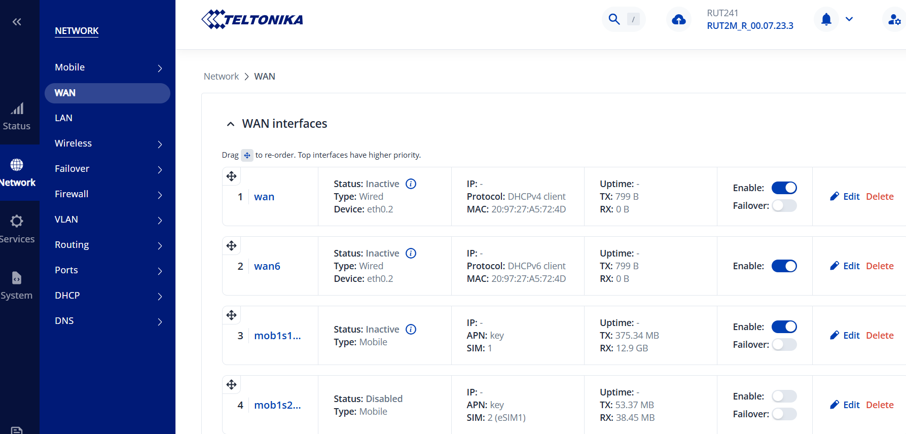 Teltonika router WAN screen showing the mob1s1a1 mobile interface