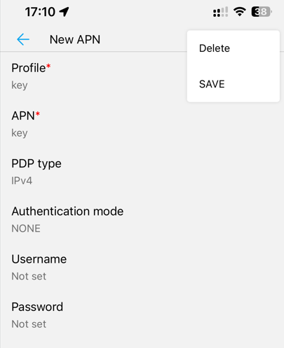 ZTELink app screen for adding a new APN entry