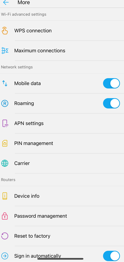 ZTELink app More menu showing data roaming toggle and APN Settings option