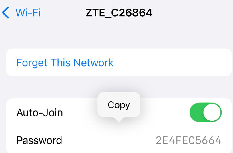 Phone WiFi settings screen connected to a ZTE router network