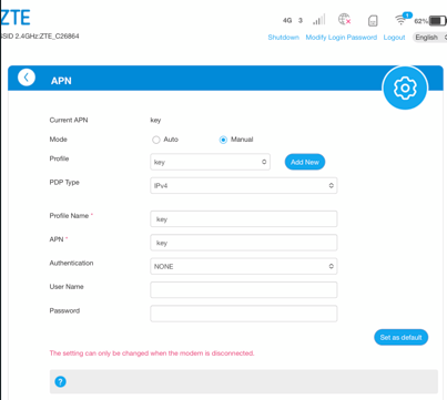 ZTE router web interface screen for adding and saving a new APN