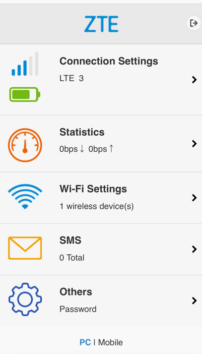ZTE router web login screen showing PC and Mobile mode options