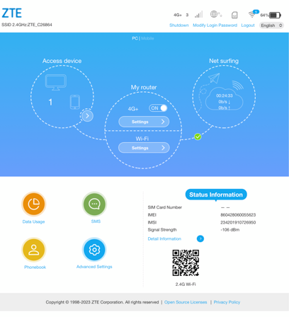 ZTE router PC mode home screen with 4G Settings button