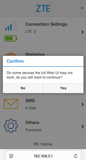 ZTE router web interface prompting to switch to PC mode